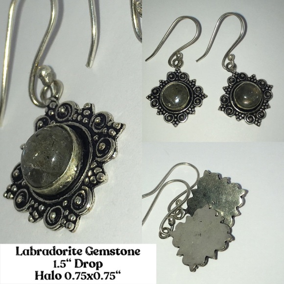Dainty Labradorite Gemstone Handmade Halo Earrings - Picture 3 of 3